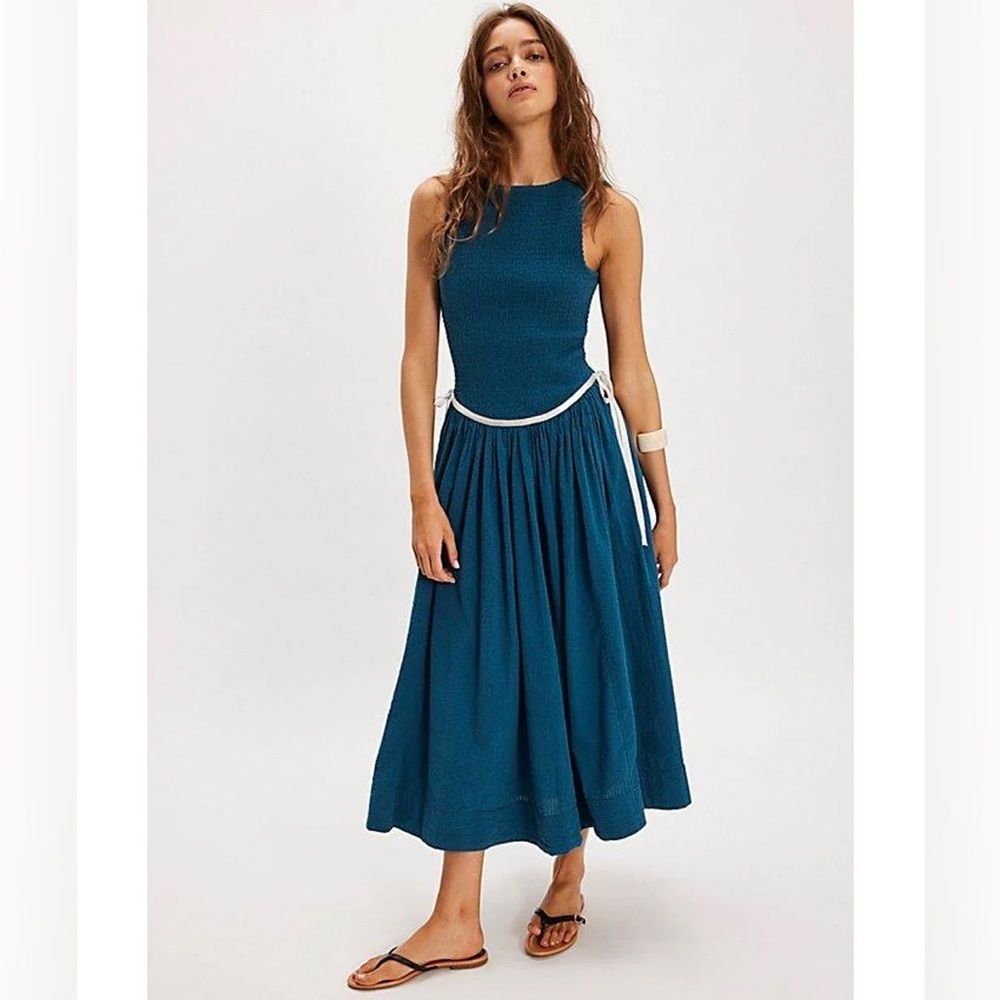 NWOT Free People Nightingale Seersucker Dress Dark Teal Blue